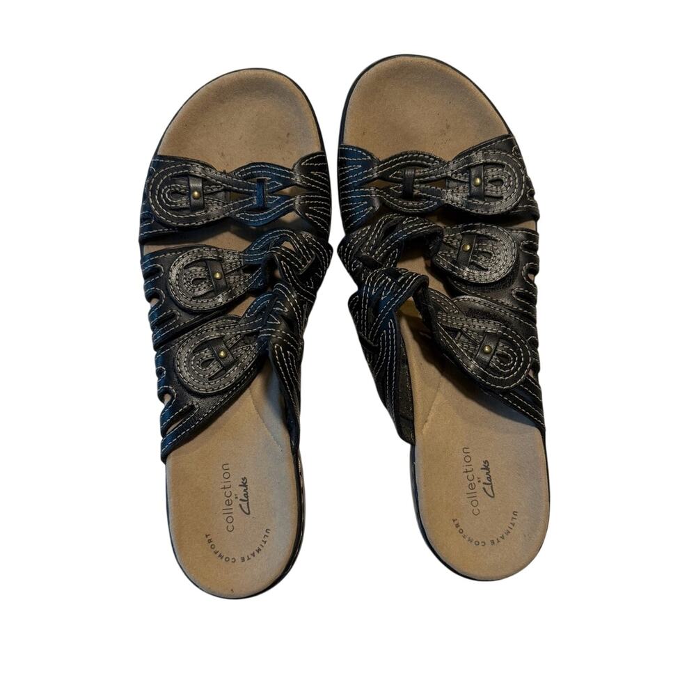 Clarks Laurieann Ruby Black Leather Scalloped Platform Slide Sandals | Women’s 9
